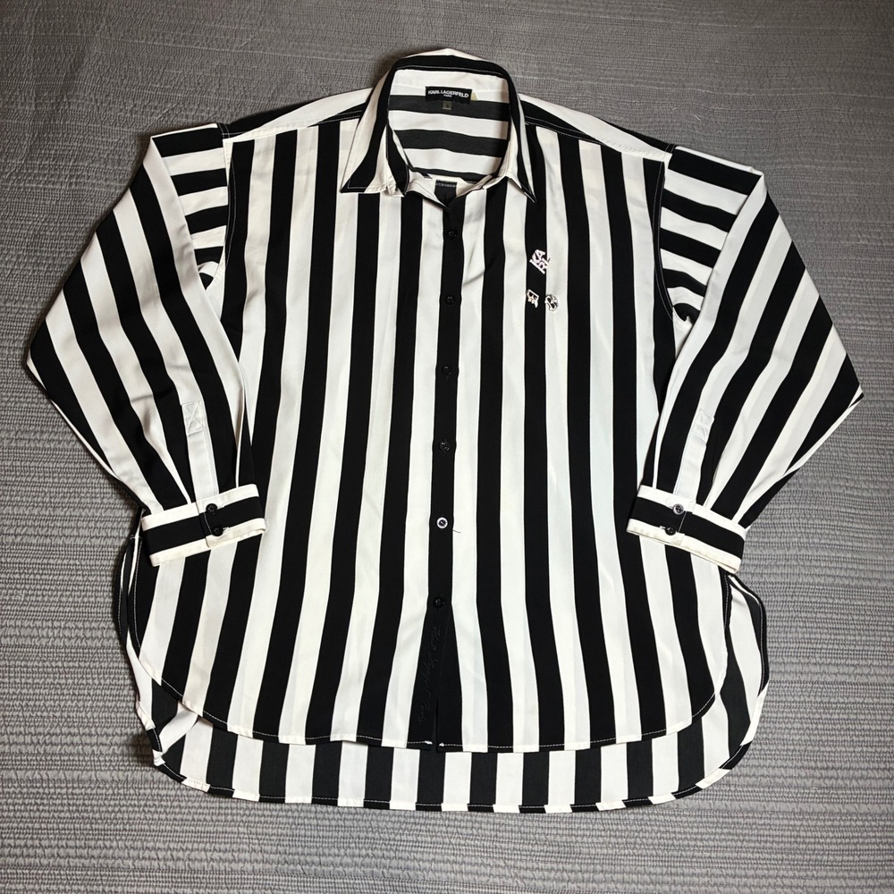 Karl Lagerfeld Paris Womens Large Striped Button Down Shirt Rhinestone Pins Logo